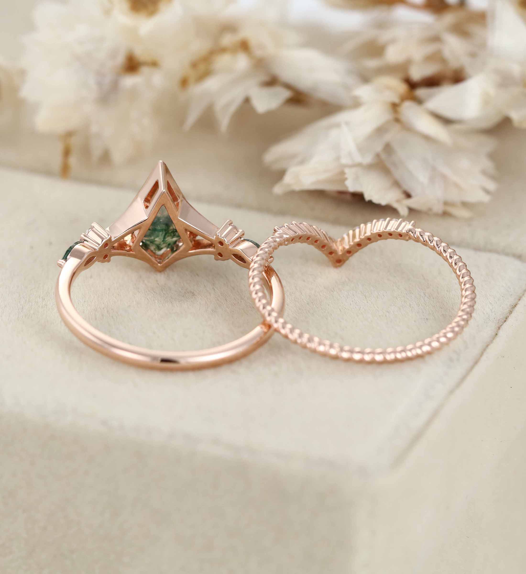 Unique Kite Cut Green Moss Agate Engagement Ring Set 14k Rose Gold Moissanite Wedding Ring Set Gift