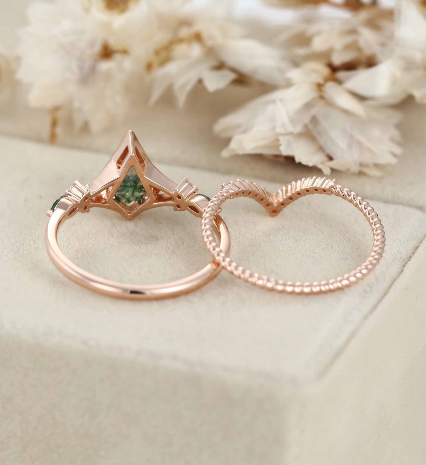 Unique Kite Cut Green Moss Agate Engagement Ring Set 14k Rose Gold Moissanite Wedding Ring Set Gift
