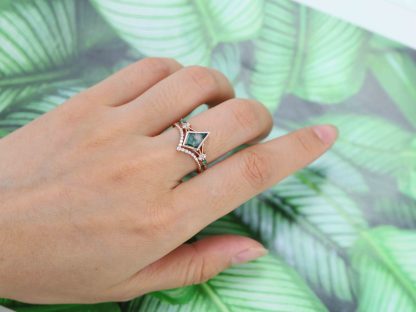 Unique Kite Cut Green Moss Agate Engagement Ring Set 14k Rose Gold Moissanite Wedding Ring Set Gift