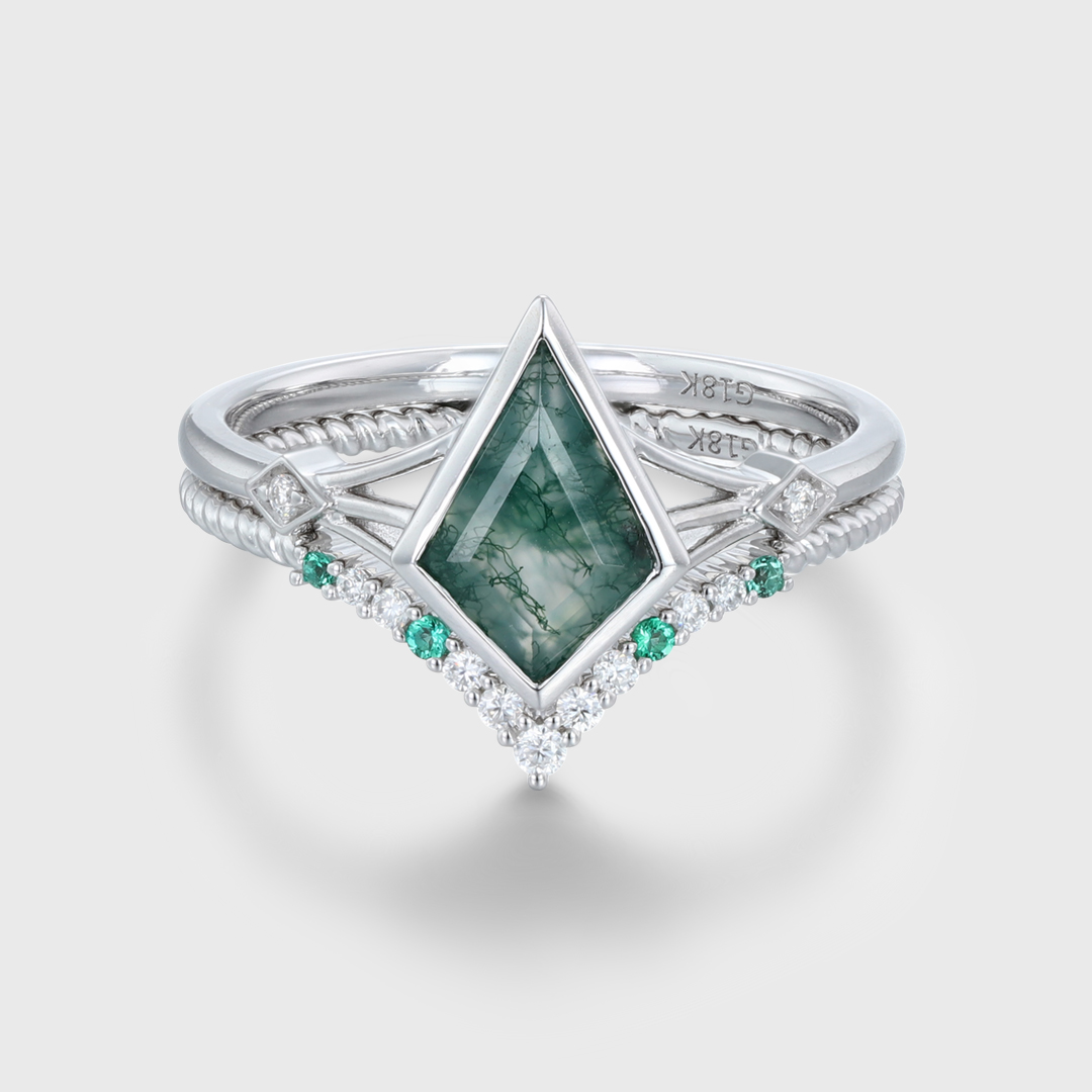 oveela Kite cut moss agate engagement ring set in 14K white gold with diamond accents, a unique and nature-inspired bridal jewelry design.