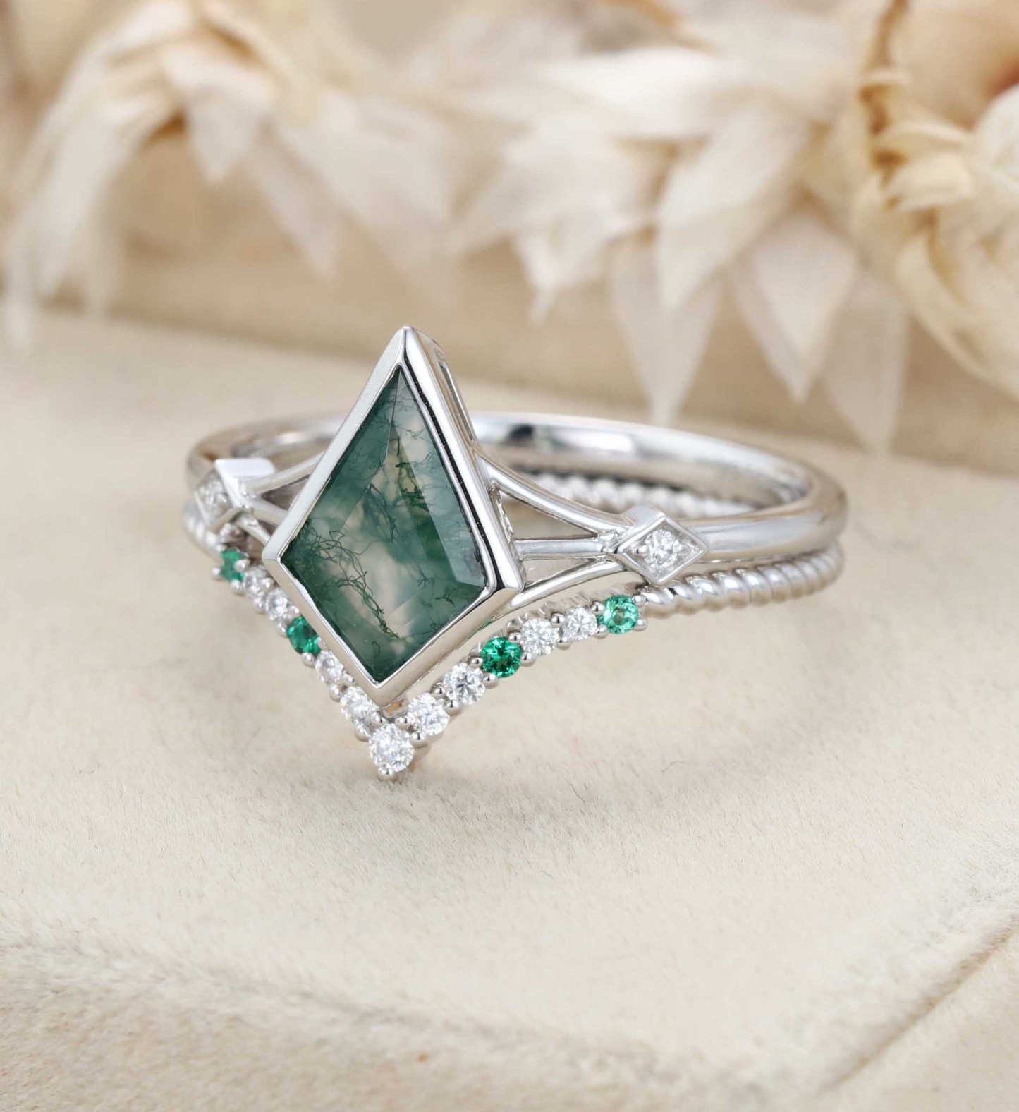 Unique Kite Cut Moss Agate Engagement Ring Set 14K White Gold Diamond Wedding Bridal Anniversary Gift