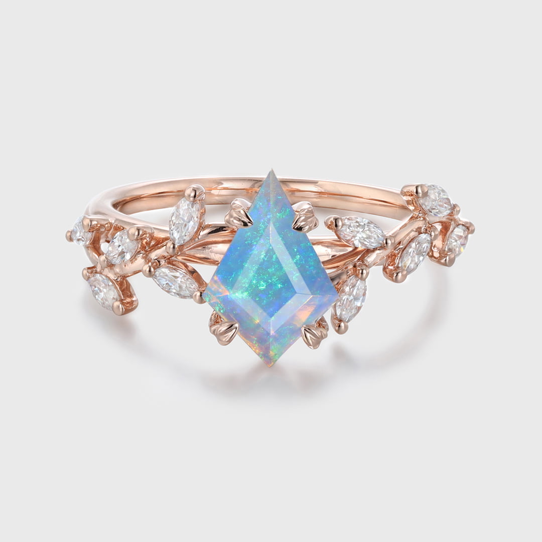 Unique Kite Cut Opal Engagement Ring 14K Solid Gold Ring Unique Branch Diamond Art Deco Wedding Ring
