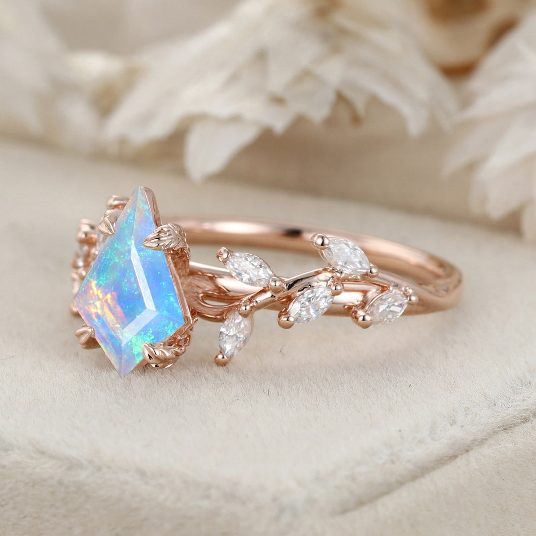 Unique Kite Cut Opal Engagement Ring 14K Solid Gold Ring Unique Branch Diamond Art Deco Wedding Ring