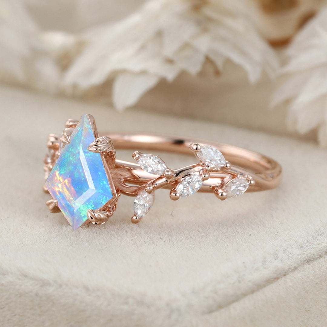 Unique Kite Cut Opal Engagement Ring 14K Solid Gold Ring Unique Branch Diamond Art Deco Wedding Ring