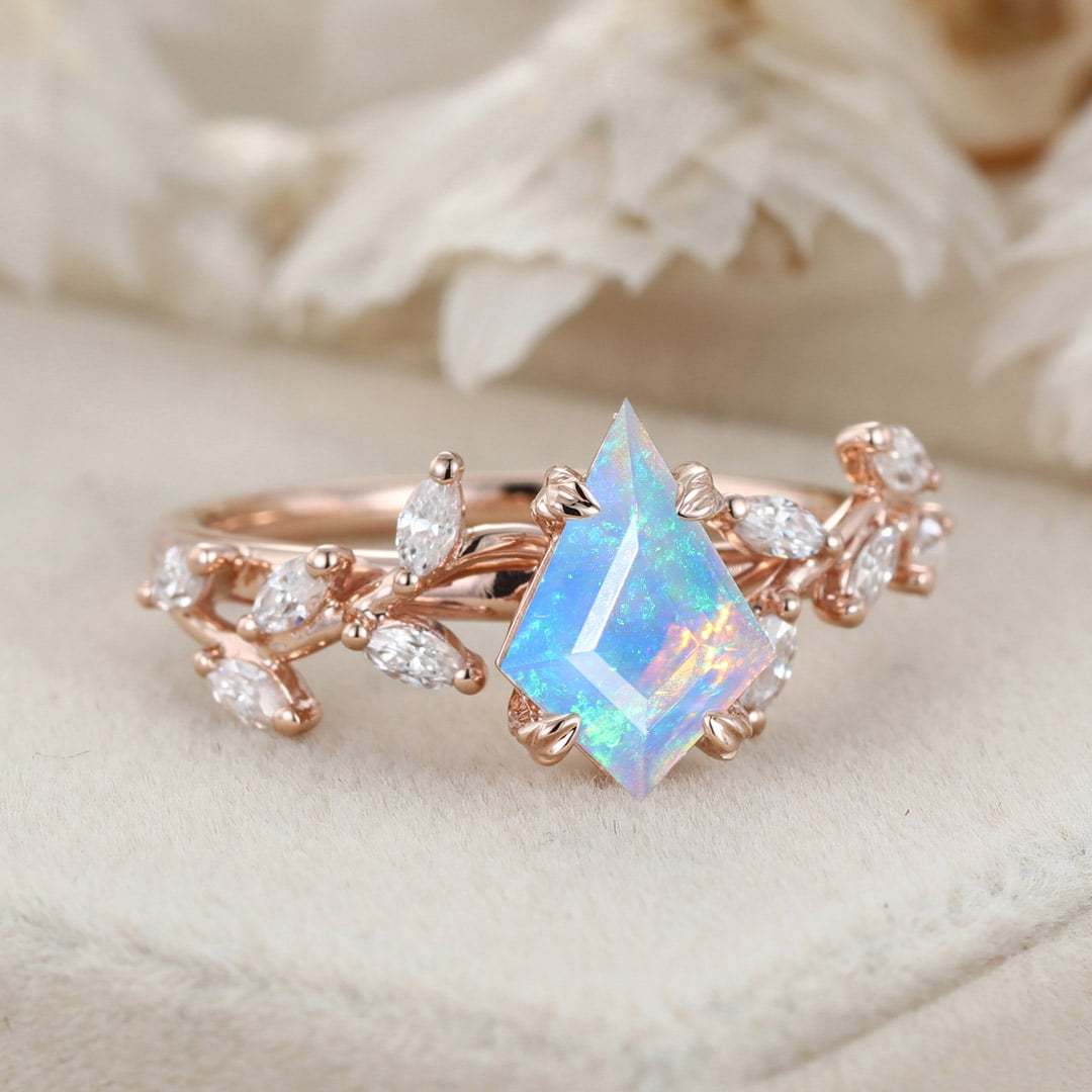 Unique Kite Cut Opal Engagement Ring 14K Solid Gold Ring Unique Branch Diamond Art Deco Wedding Ring