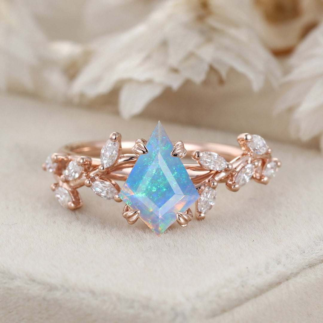Unique Kite Cut Opal Engagement Ring 14K Solid Gold Ring Unique Branch Diamond Art Deco Wedding Ring