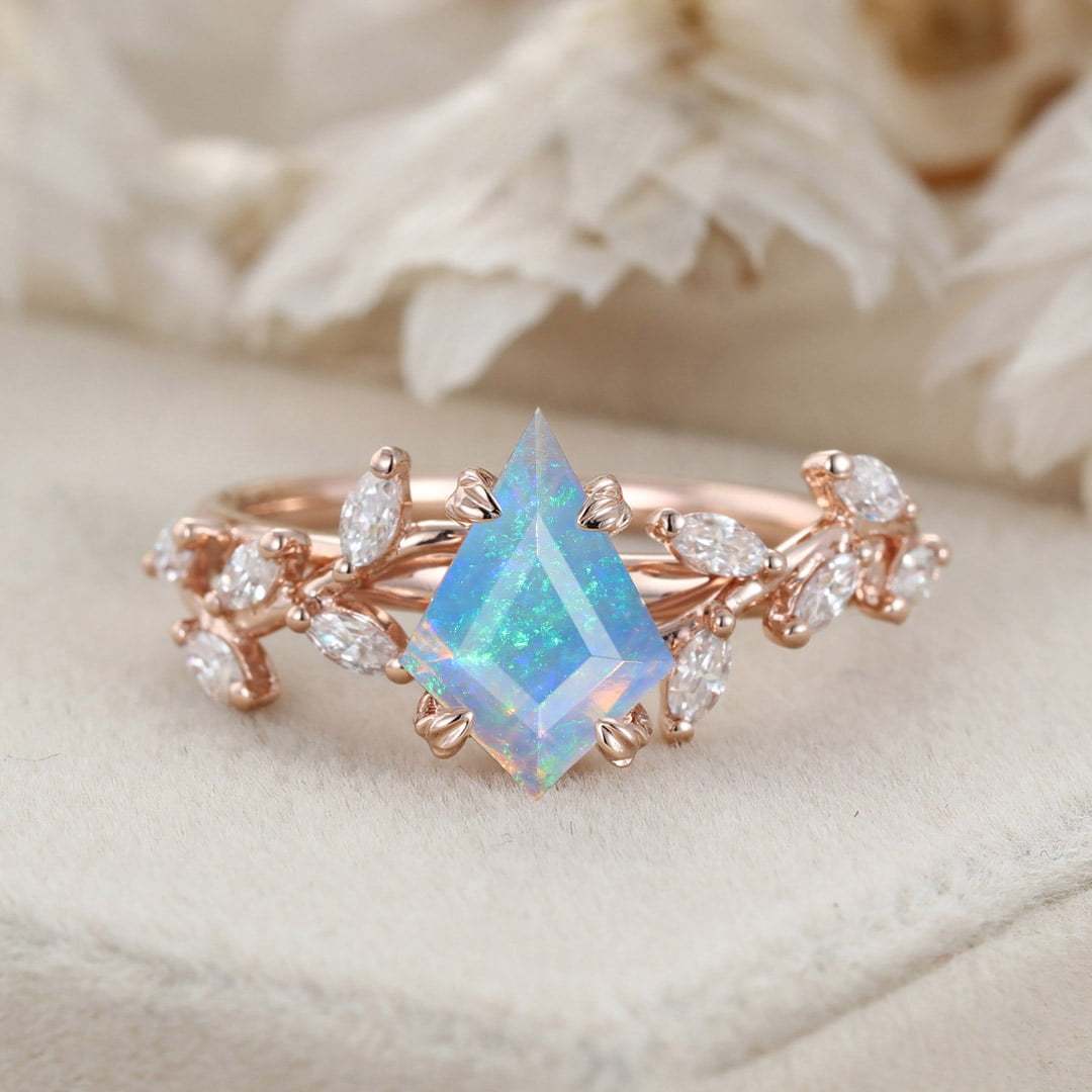 Unique Kite Cut Opal Engagement Ring 14K Solid Gold Ring Unique Branch Diamond Art Deco Wedding Ring