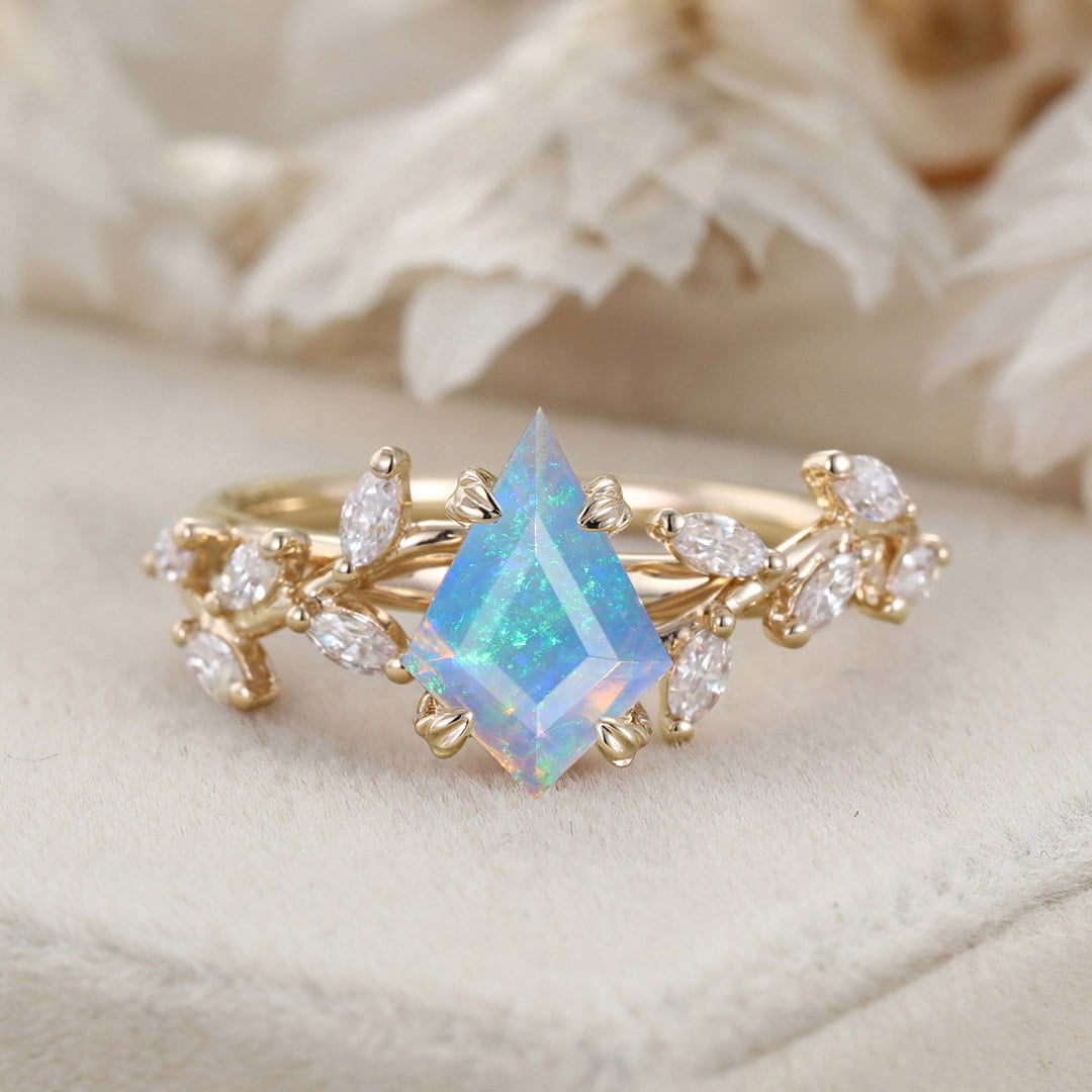 Unique Kite Cut Opal Engagement Ring 14K Solid Gold Ring Unique Branch Diamond Art Deco Wedding Ring