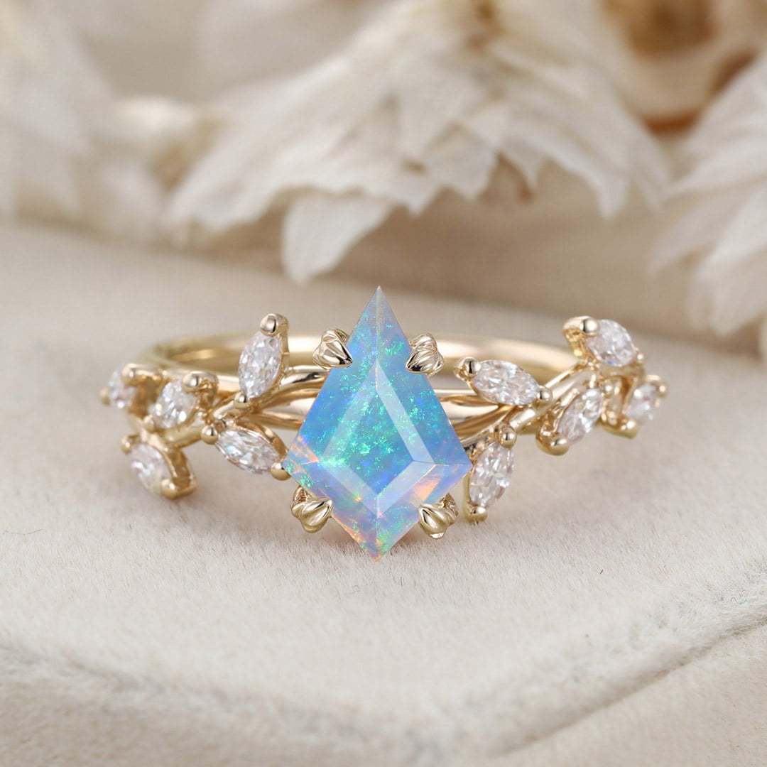 Unique Kite Cut Opal Engagement Ring 14K Solid Gold Ring Unique Branch Diamond Art Deco Wedding Ring