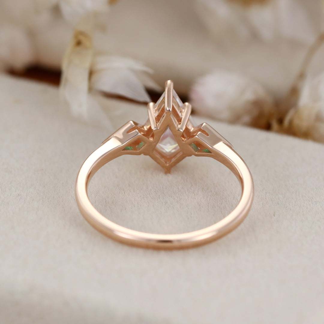 Unique Kite cut Moissanite Engagement ring Vintage 14K Rose gold Lab Emerald side stone ring Delicate Wedding ring Birthday Gift For her
