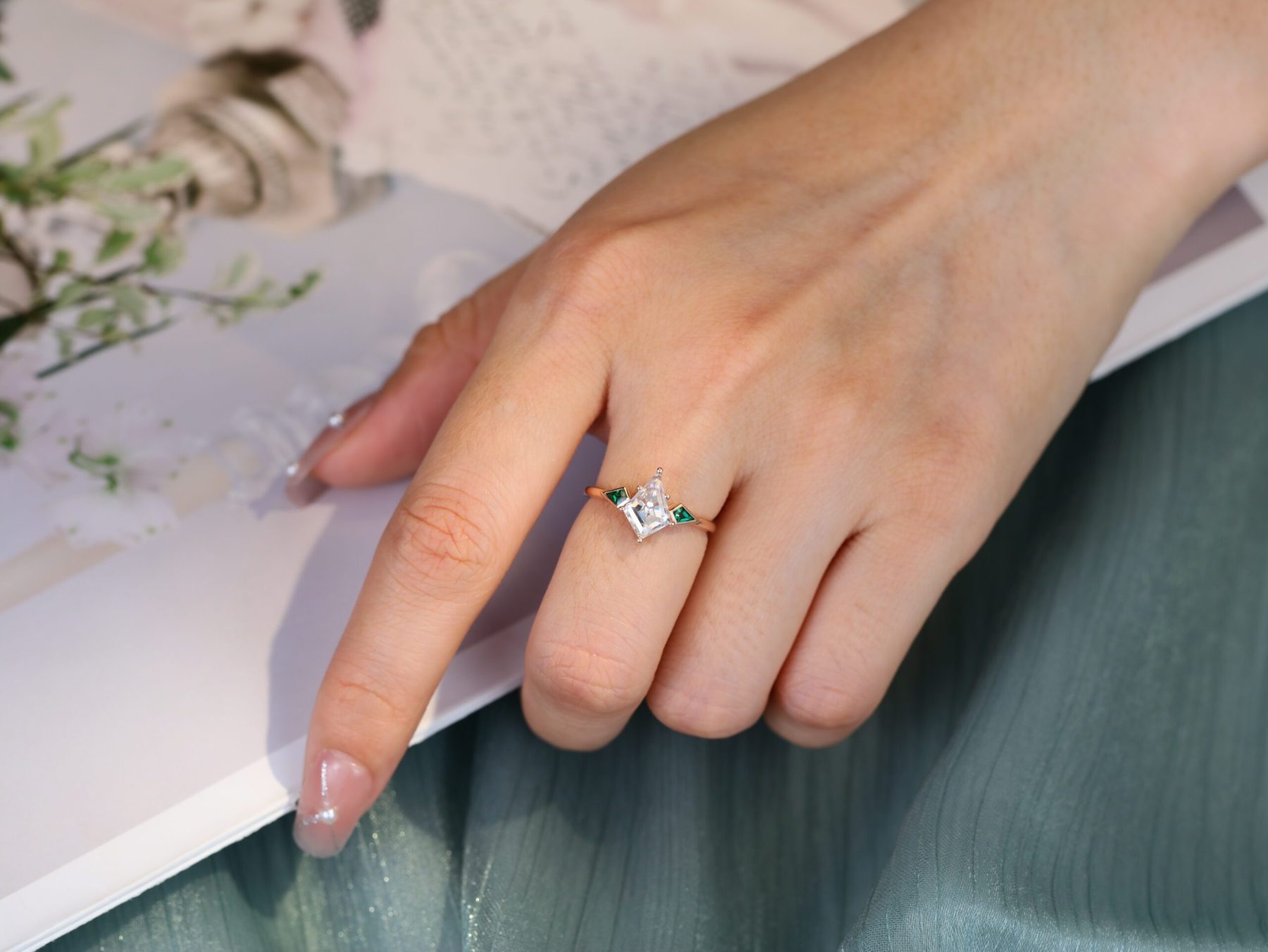 Unique Kite cut Moissanite Engagement ring Vintage 14K Rose gold Lab Emerald side stone ring Delicate Wedding ring Birthday Gift For her