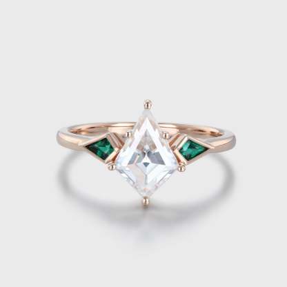 Kite Cut Moissanite And Emerald Engagement Ring Vintage 14k Rose Gold Side Stone Ring Delicate Birthday Gift For Her
