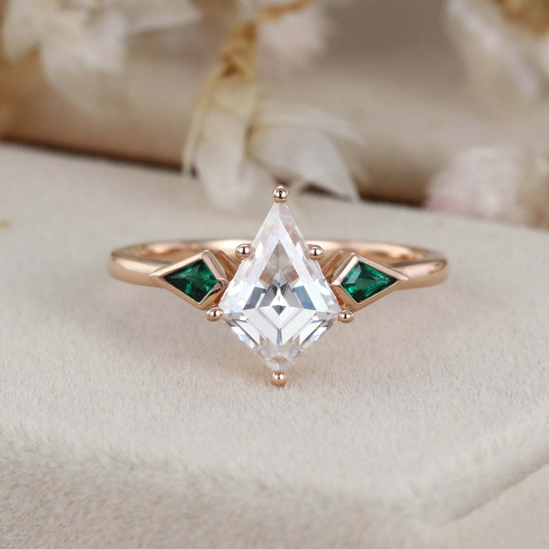 Unique Kite cut Moissanite Engagement ring Vintage 14K Rose gold Lab Emerald side stone ring Delicate Wedding ring Birthday Gift For her