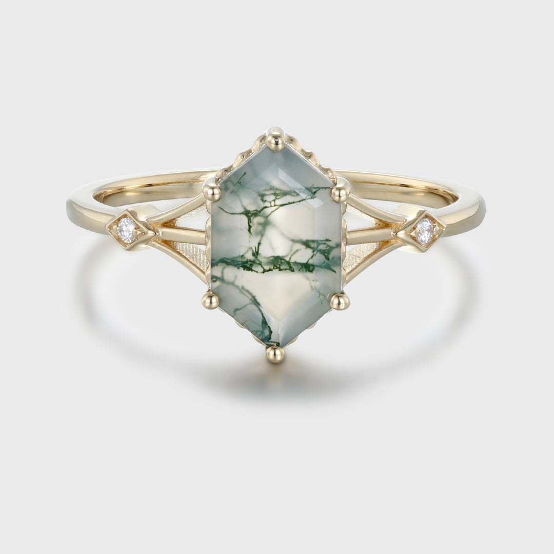 Unique Long hexagon Moss Agate engagement ring set 14K Yellow gold diamond wedding ring art deco bridal promise Anniversary gift