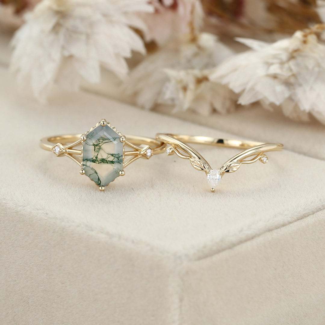 Unique Long hexagon Natural Moss Agate engagement ring set 14K Yellow gold diamond leaf wedding ring Bridal set promise Anniversary gift