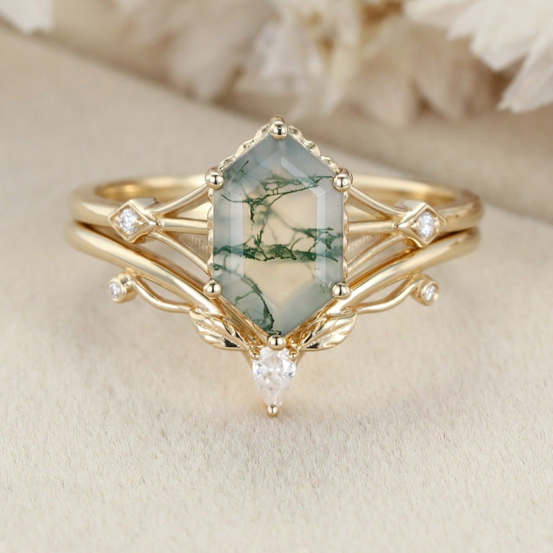 Unique Long hexagon Natural Moss Agate engagement ring set 14K Yellow gold diamond leaf wedding ring Bridal set promise Anniversary gift