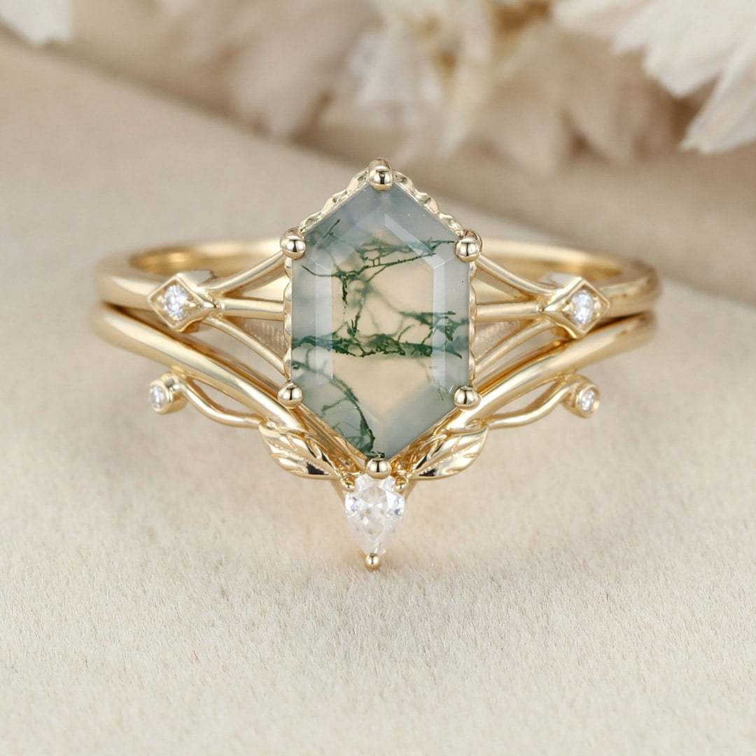 Unique Long hexagon Natural Moss Agate engagement ring set 14K Yellow gold diamond leaf wedding ring Bridal set promise Anniversary gift
