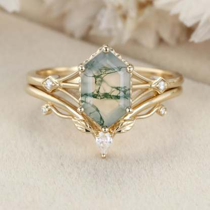 Unique Long hexagon Natural Moss Agate engagement ring set 14K Yellow gold diamond leaf wedding ring Bridal set promise Anniversary gift