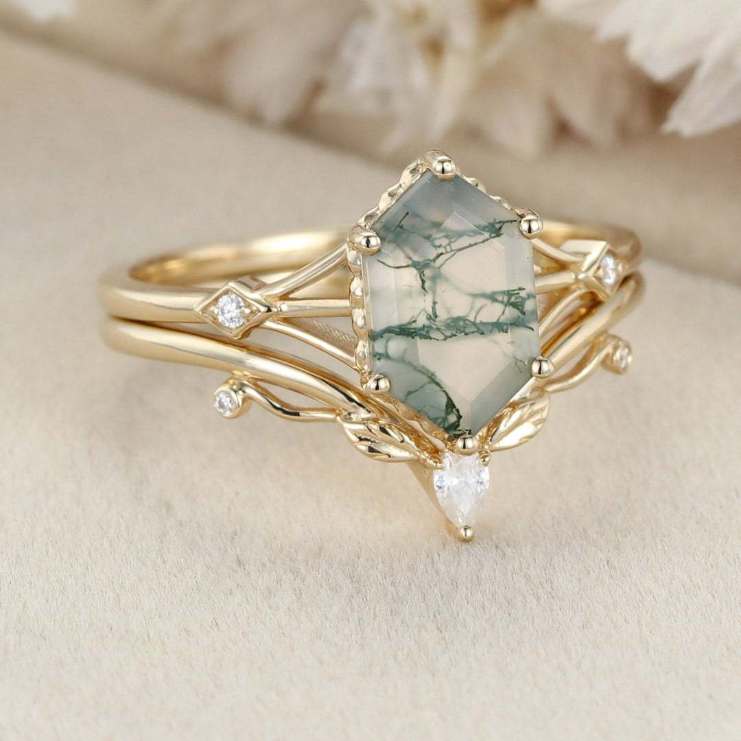 Unique Long hexagon Natural Moss Agate engagement ring set 14K Yellow gold diamond leaf wedding ring Bridal set promise Anniversary gift