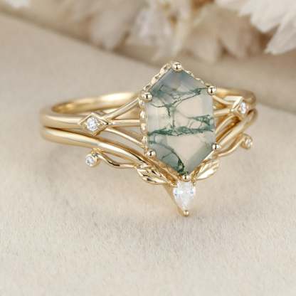 Unique Long hexagon Natural Moss Agate engagement ring set 14K Yellow gold diamond leaf wedding ring Bridal set promise Anniversary gift