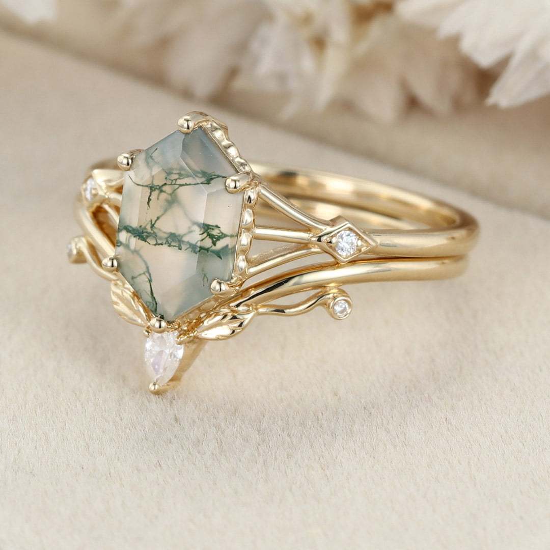 Unique Long hexagon Natural Moss Agate engagement ring set 14K Yellow gold diamond leaf wedding ring Bridal set promise Anniversary gift