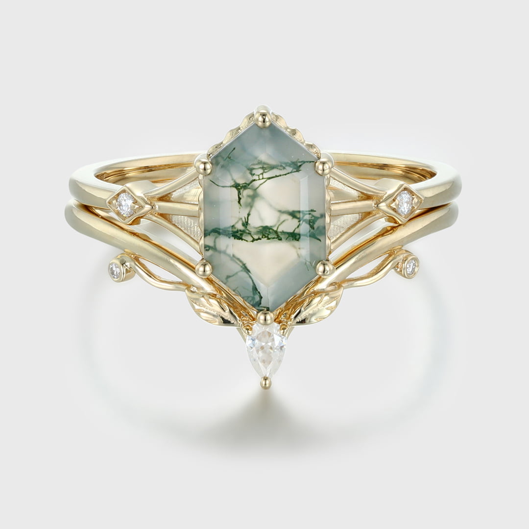 Unique Long hexagon Natural Moss Agate engagement ring set 14K Yellow gold diamond leaf wedding ring Bridal set promise Anniversary gift
