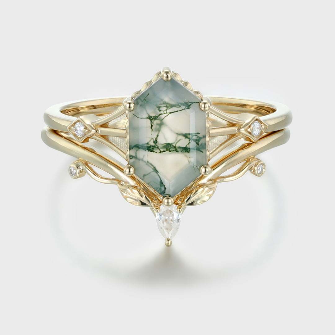 Unique Long hexagon Natural Moss Agate engagement ring set 14K Yellow gold diamond leaf wedding ring Bridal set promise Anniversary gift