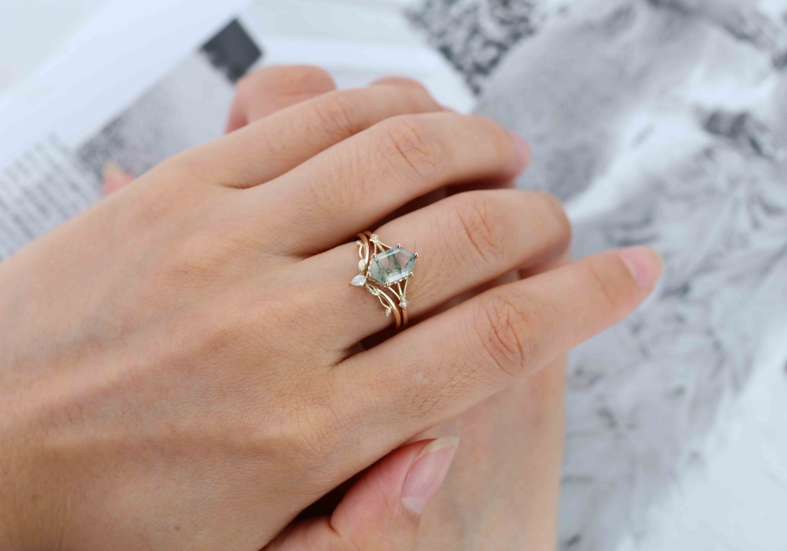 Unique Long hexagon Natural Moss Agate engagement ring set 14K Yellow gold diamond leaf wedding ring Bridal set promise Anniversary gift
