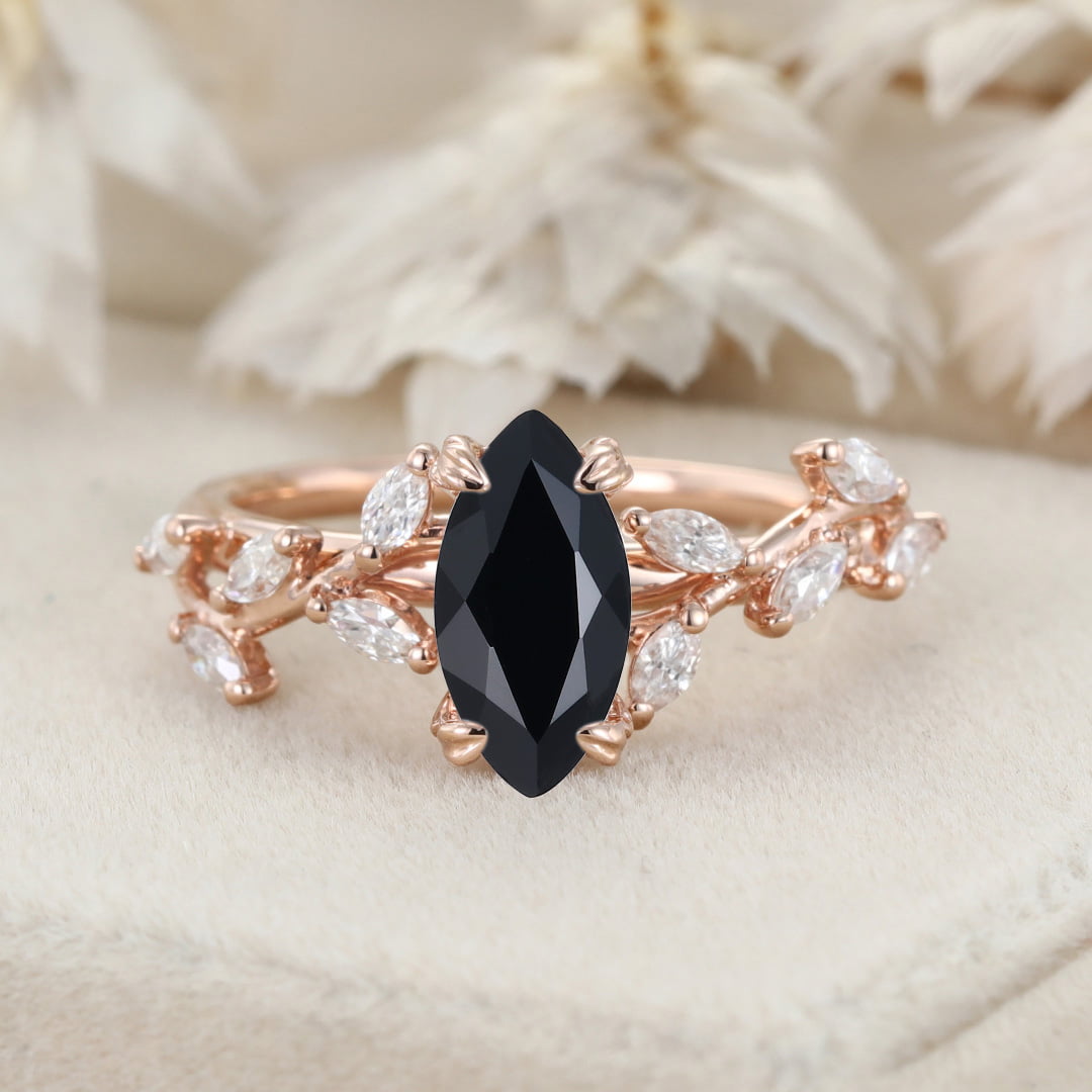 Unique Marquise Cut Black Onyx Engagement Ring 14K Solid Gold Ring Branch Marquise Diamond Cluster Ring
