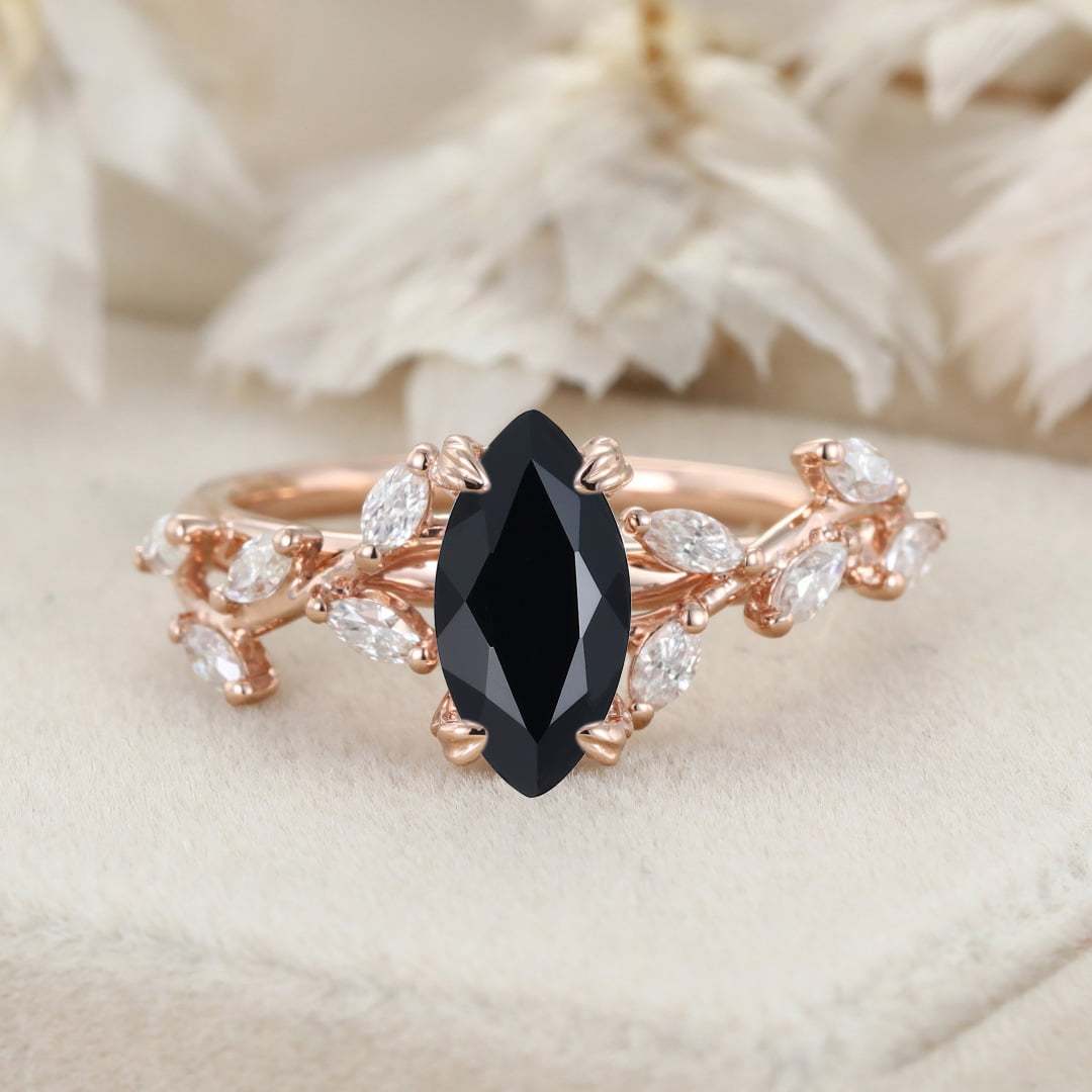 Unique Marquise Cut Black Onyx Engagement Ring 14K Solid Gold Ring Branch Marquise Diamond Cluster Ring