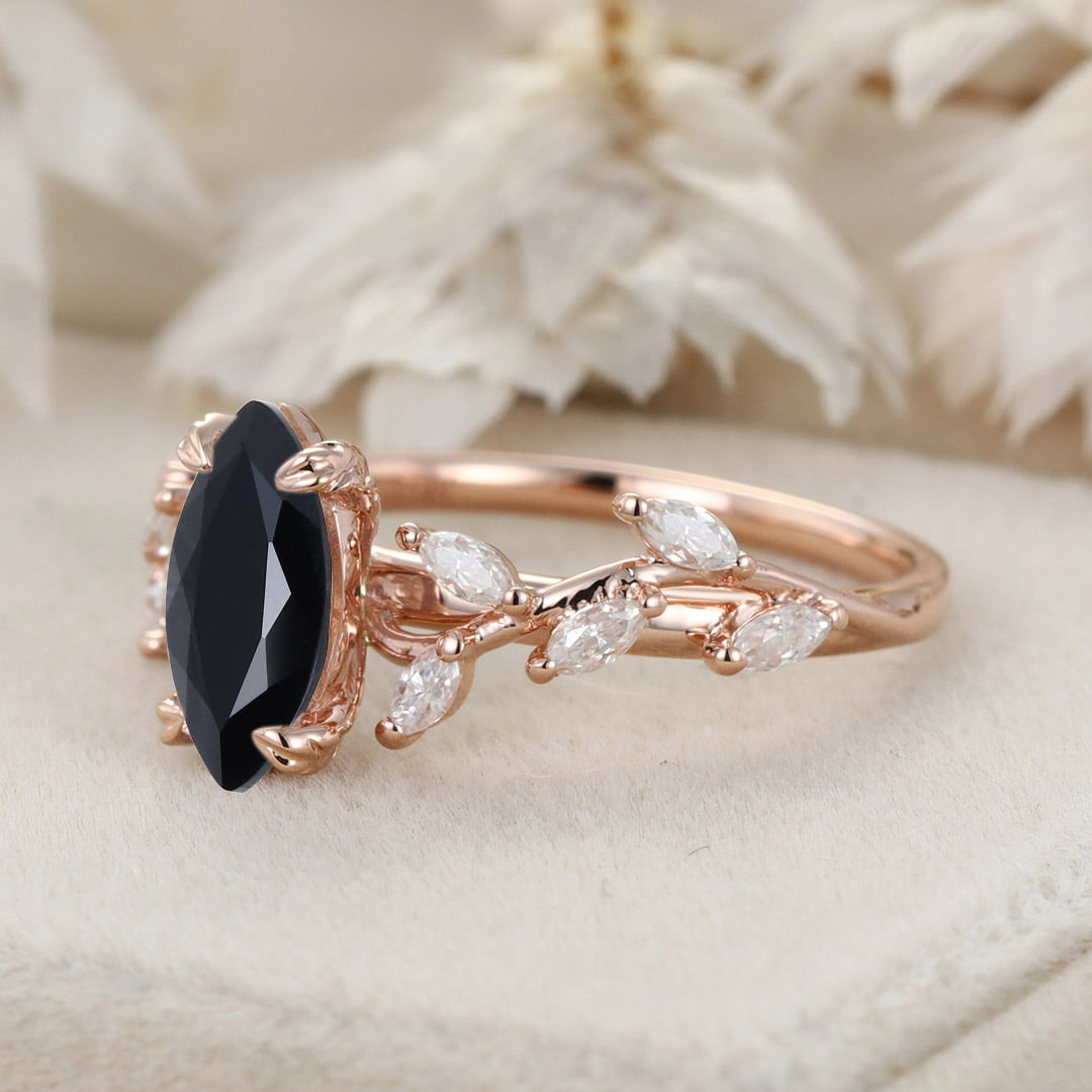 Unique Marquise Cut Black Onyx Engagement Ring 14K Solid Gold Ring Branch Marquise Diamond Cluster Ring