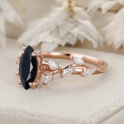 Unique Marquise Cut Black Onyx Engagement Ring 14K Solid Gold Ring Branch Marquise Diamond Cluster Ring
