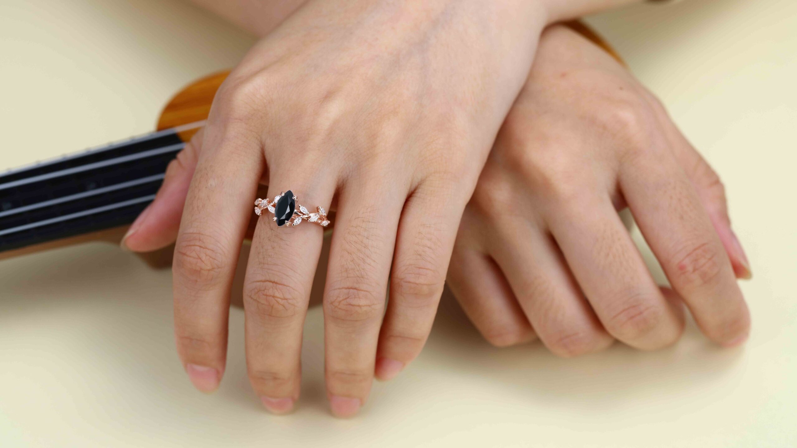 Unique Marquise Cut Black Onyx Engagement Ring 14K Solid Gold Ring Branch Marquise Diamond Cluster Ring