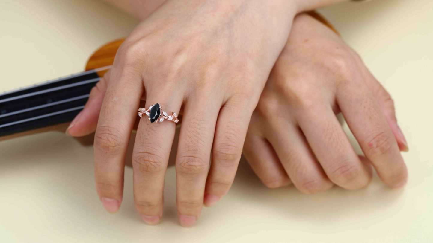 Unique Marquise Cut Black Onyx Engagement Ring 14K Solid Gold Ring Branch Marquise Diamond Cluster Ring