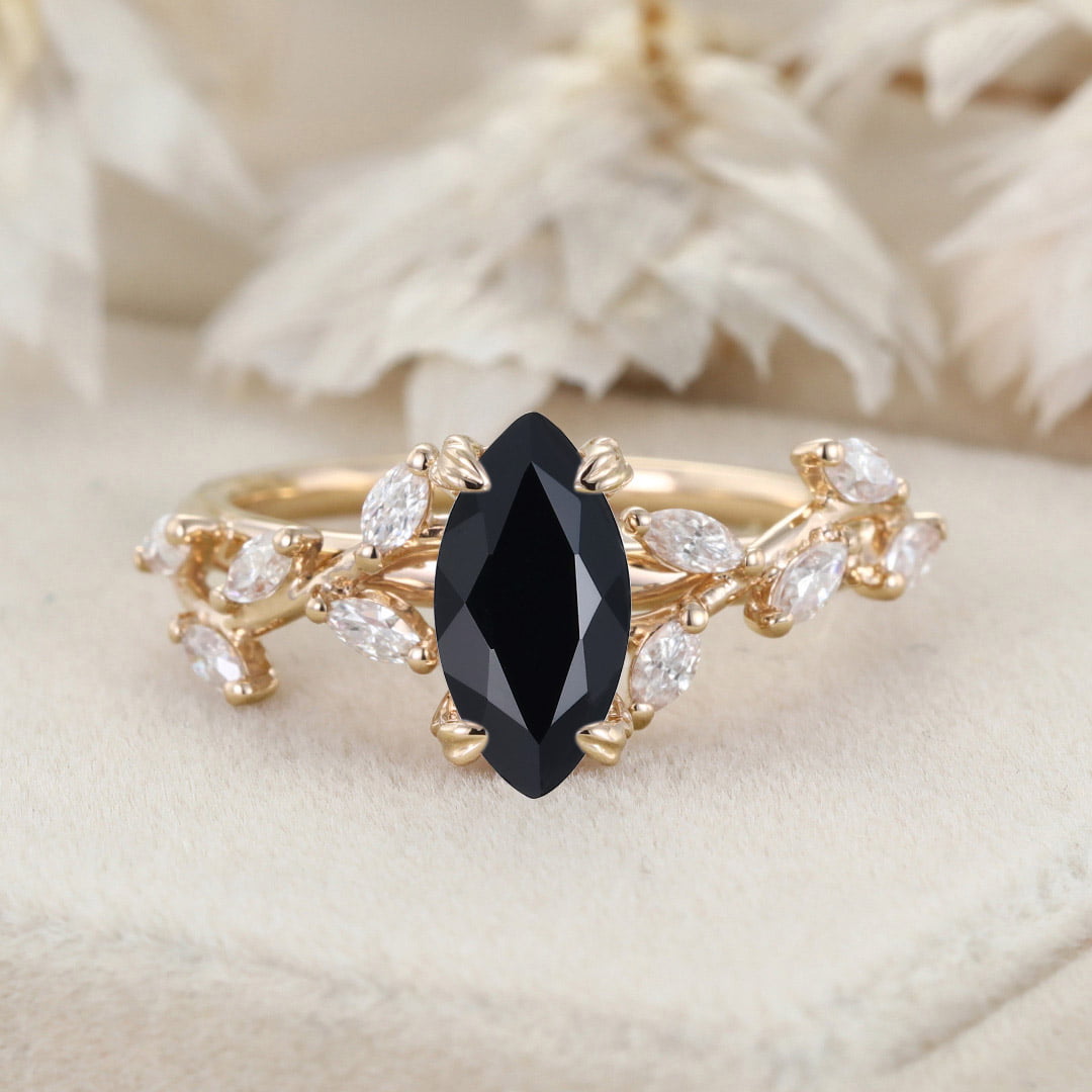 Unique Marquise Cut Black Onyx Engagement Ring 14K Solid Gold Ring Branch Marquise Diamond Cluster Ring