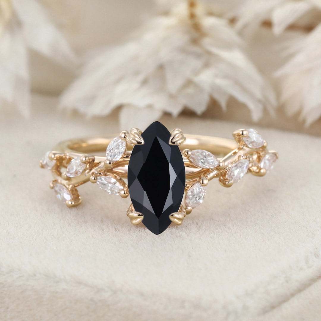 Unique Marquise Cut Black Onyx Engagement Ring 14K Solid Gold Ring Branch Marquise Diamond Cluster Ring