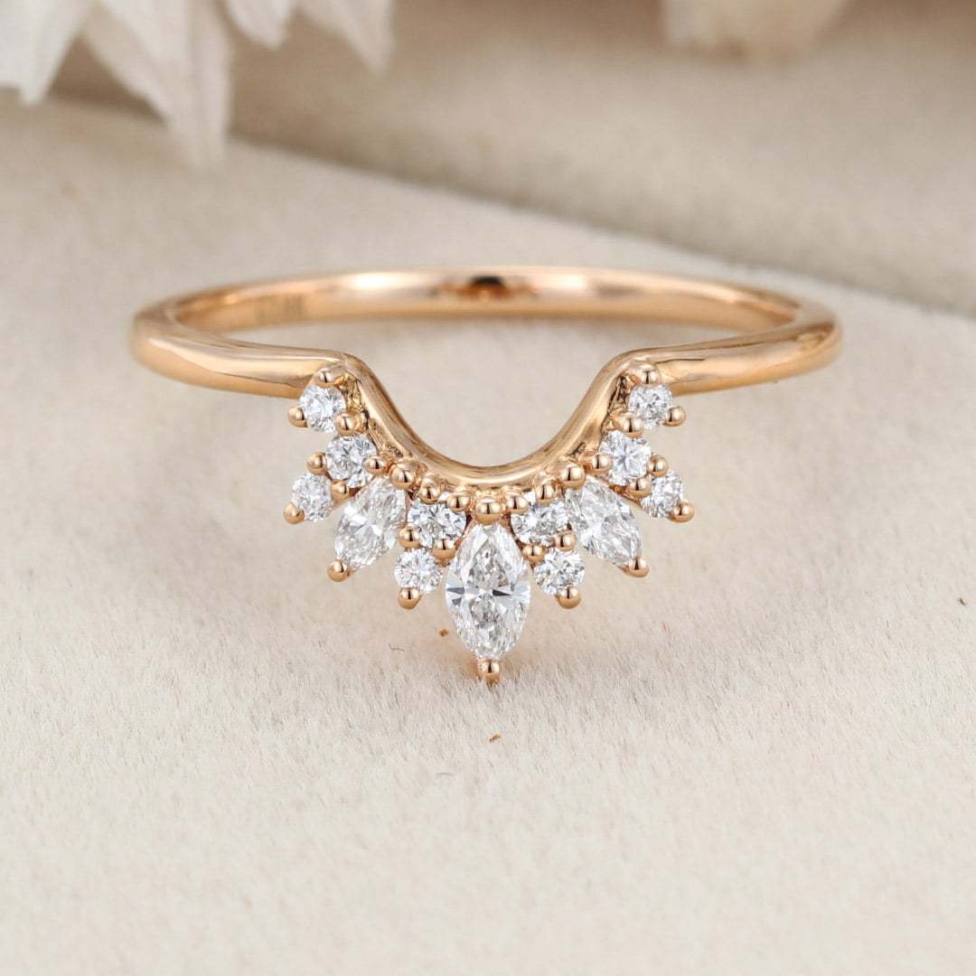 Unique Marquise Cut Diamond Wedding Band Women Solid 14K Rose Gold Curved Wedding Ring