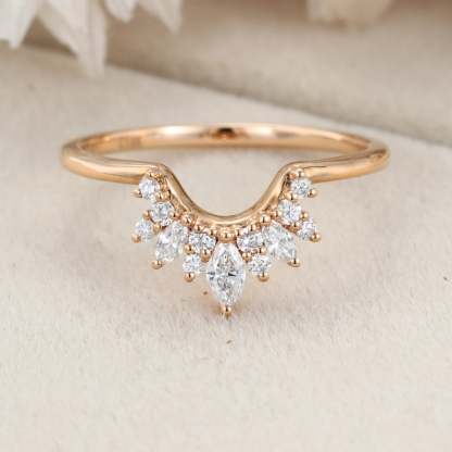Unique Marquise Cut Diamond Wedding Band Women Solid 14K Rose Gold Curved Wedding Ring