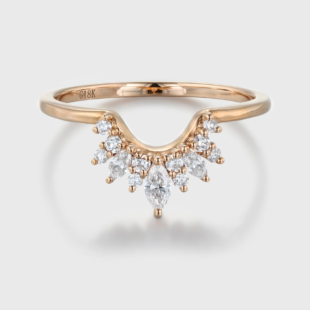Vintage Marquise Cut Diamond Wedding Band Women Solid 14K Rose Gold Curved Wedding Ring