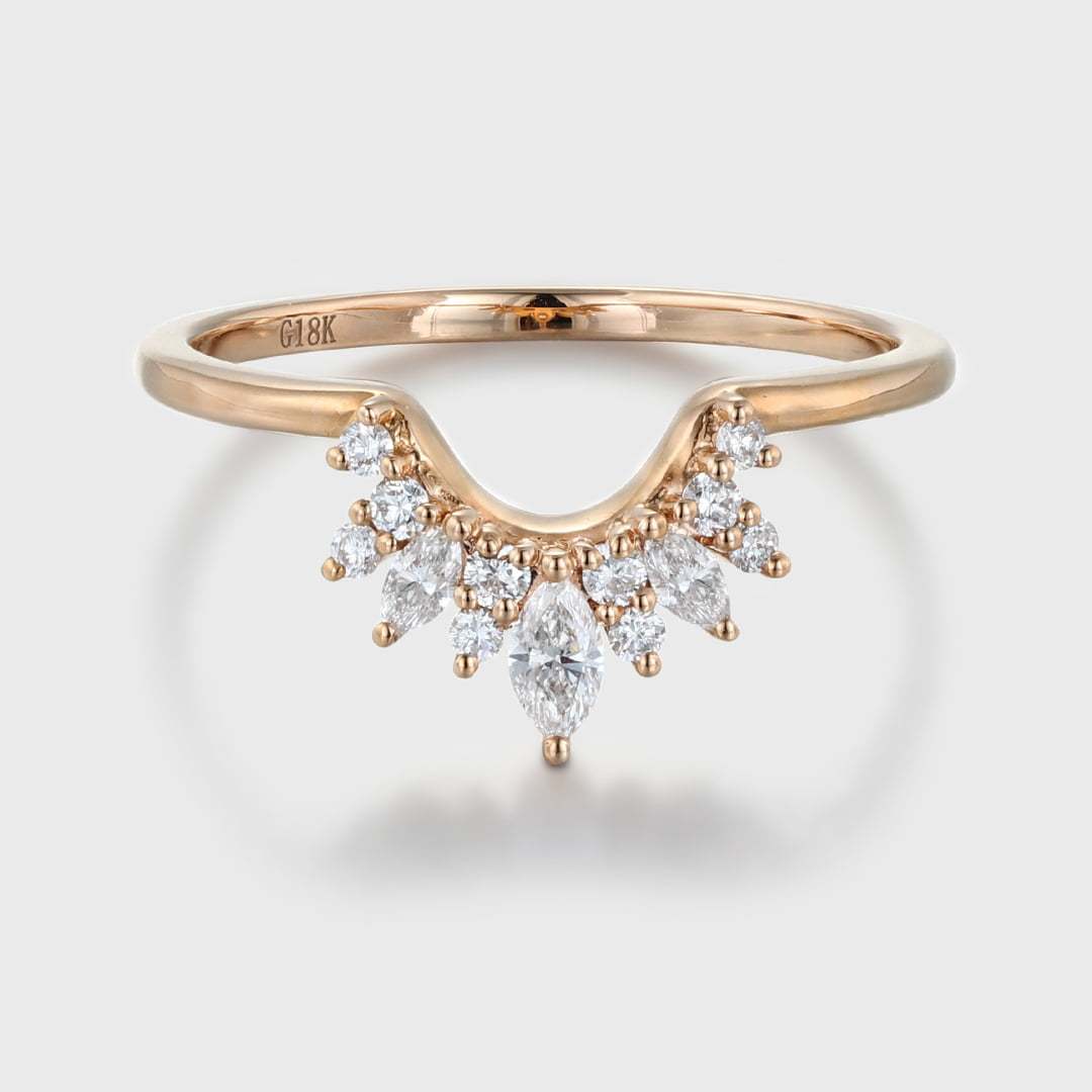 Vintage Marquise Cut Diamond Wedding Band Women Solid 14K Rose Gold Curved Wedding Ring