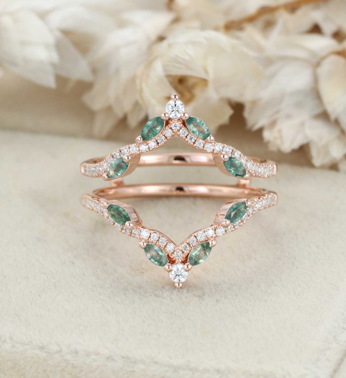 Unique Marquise Cut Moss Agate Double Curved Wedding Band Rose Gold Diamonds Enhancer Ring Custom Promise Ring Anniversary Rings For Women