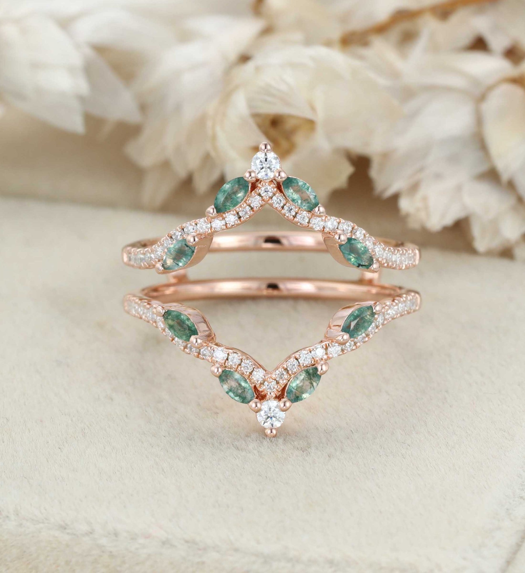 Unique Marquise Cut Moss Agate Double Curved Wedding Band Rose Gold Diamonds Enhancer Ring Custom Promise Ring Anniversary Rings For Women