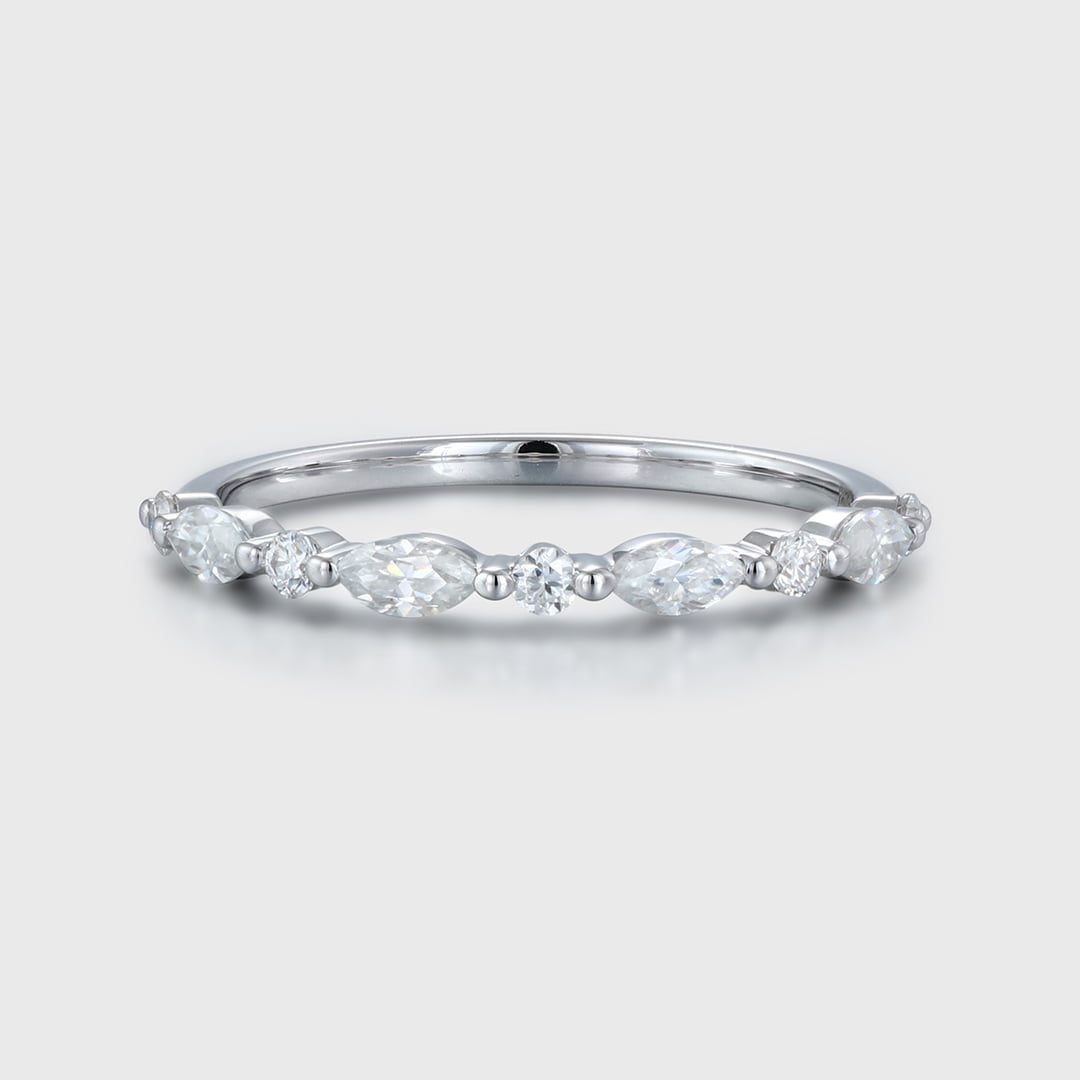 Unique Marquise Moissanite wedding band Vintage White gold wedding band half eternity wedding ring Bridal Stacking Matching ring promise