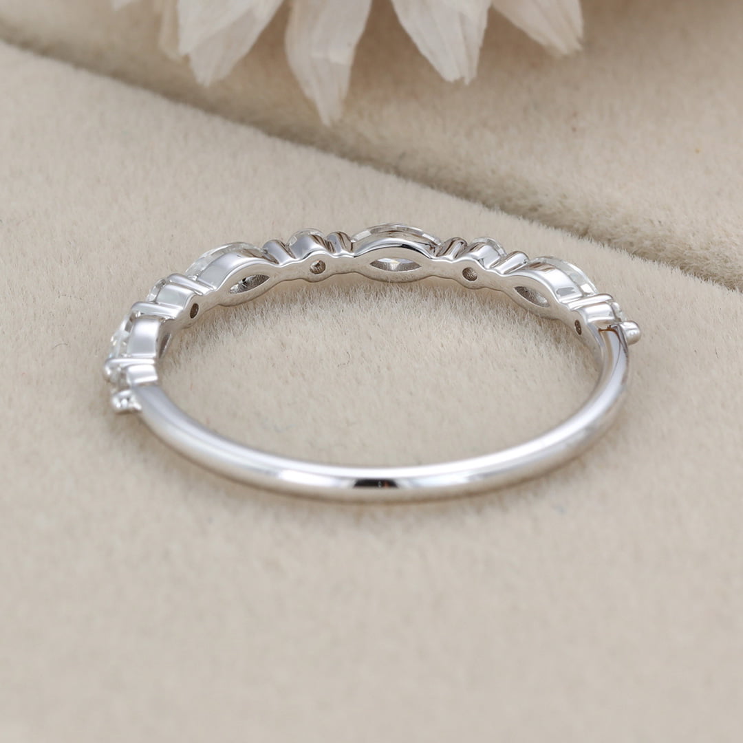 Unique Marquise Moissanite wedding band Vintage White gold wedding band half eternity wedding ring Bridal Stacking Matching ring promise