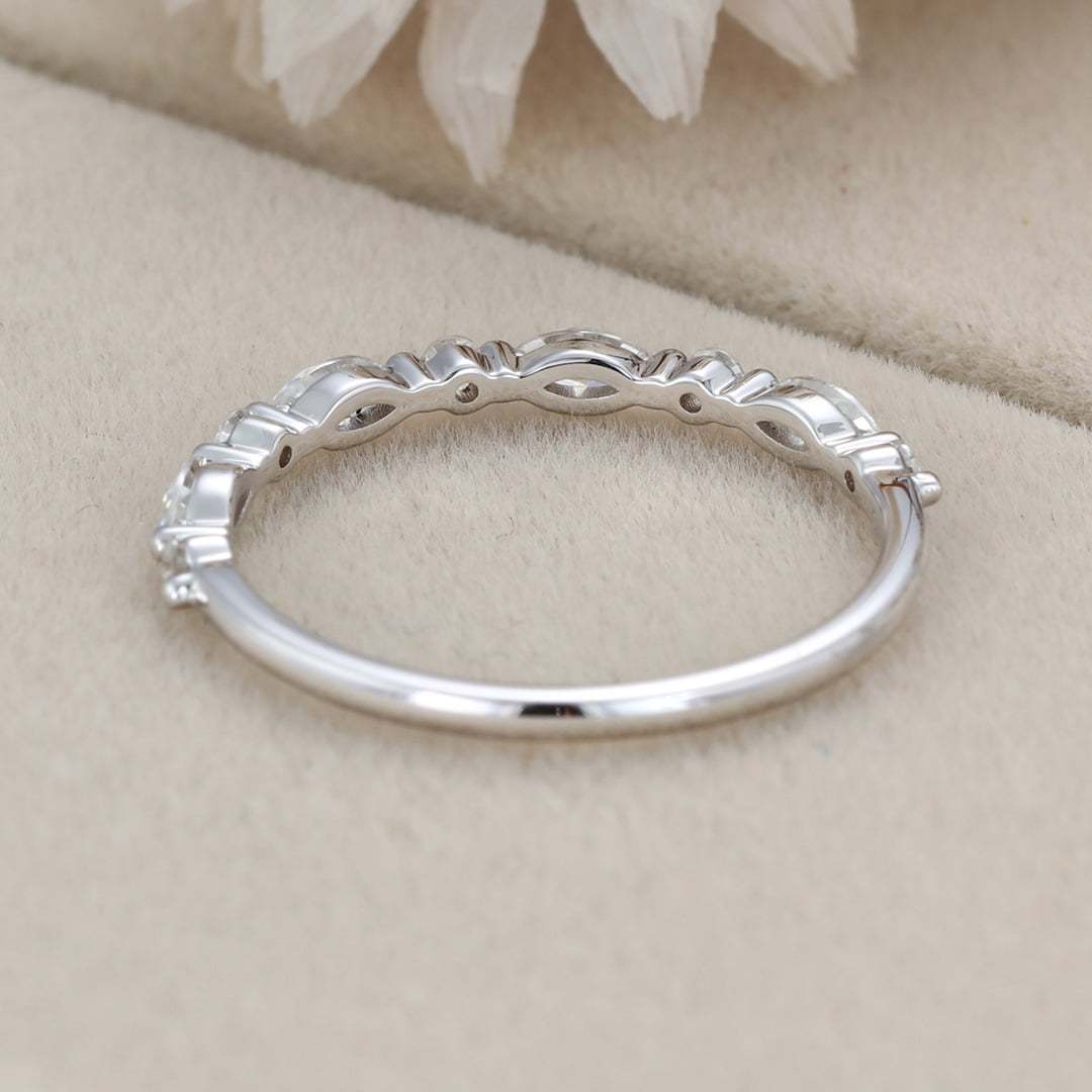 Unique Marquise Moissanite wedding band Vintage White gold wedding band half eternity wedding ring Bridal Stacking Matching ring promise