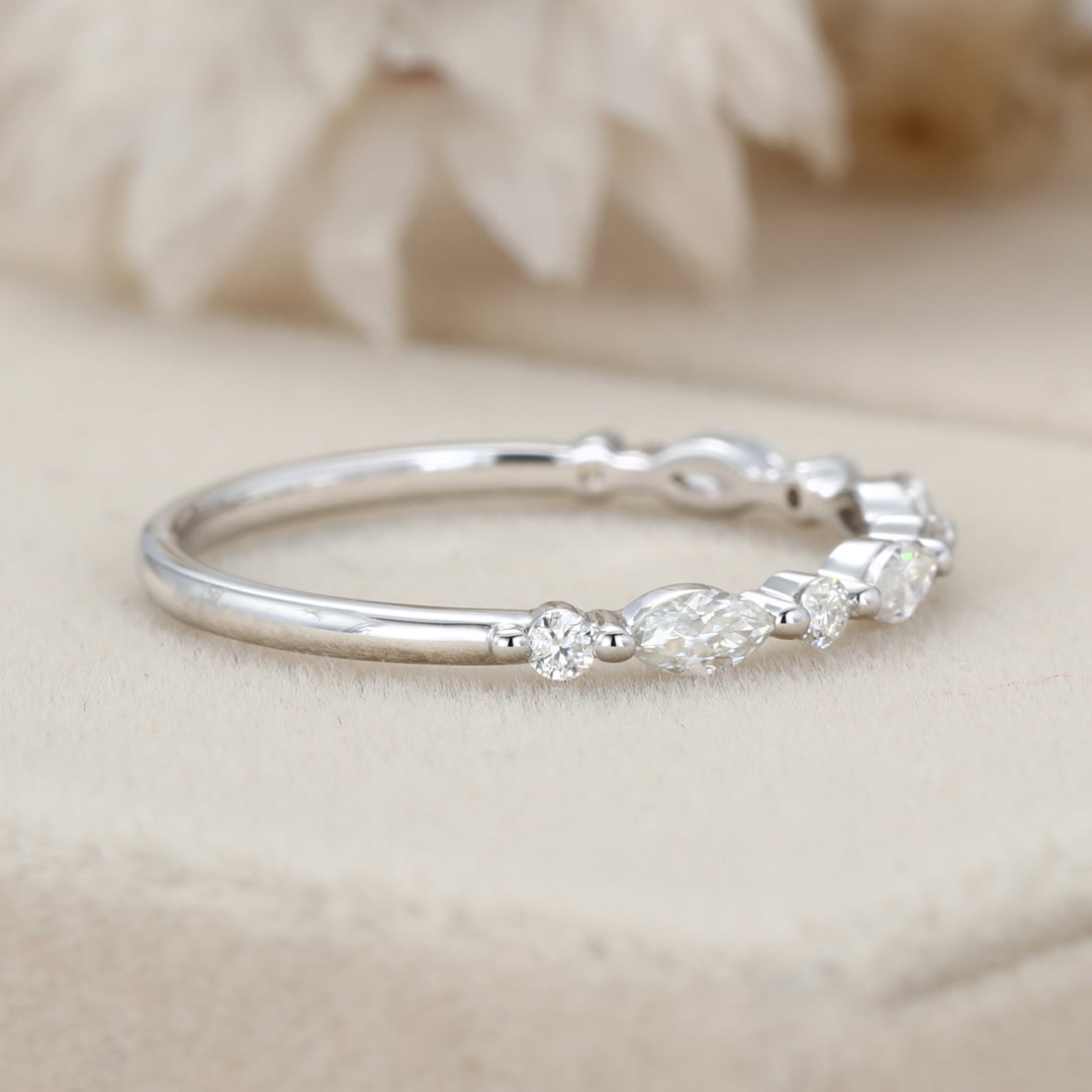 Unique Marquise Moissanite wedding band Vintage White gold wedding band half eternity wedding ring Bridal Stacking Matching ring promise