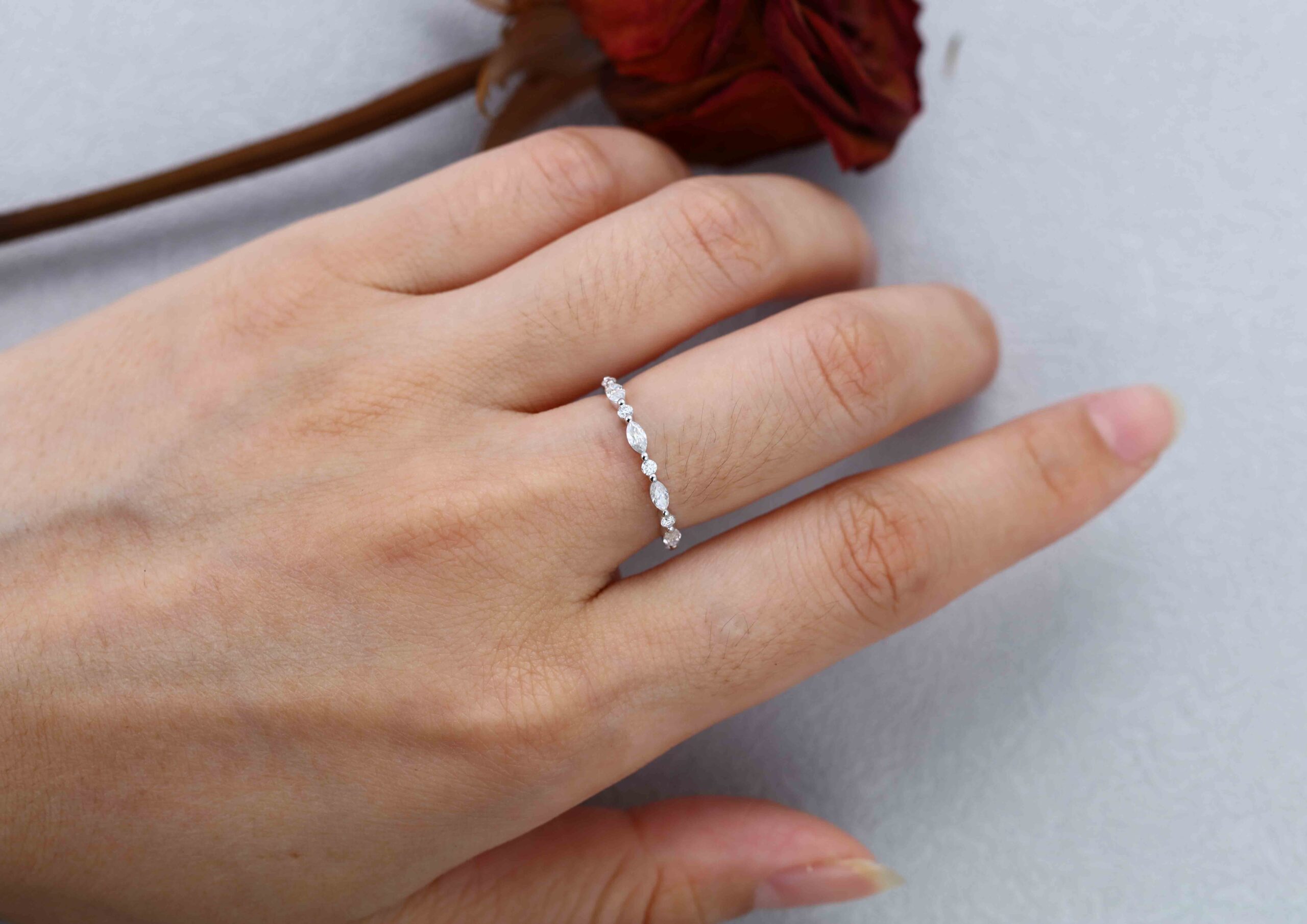 Unique Marquise Moissanite wedding band Vintage White gold wedding band half eternity wedding ring Bridal Stacking Matching ring promise