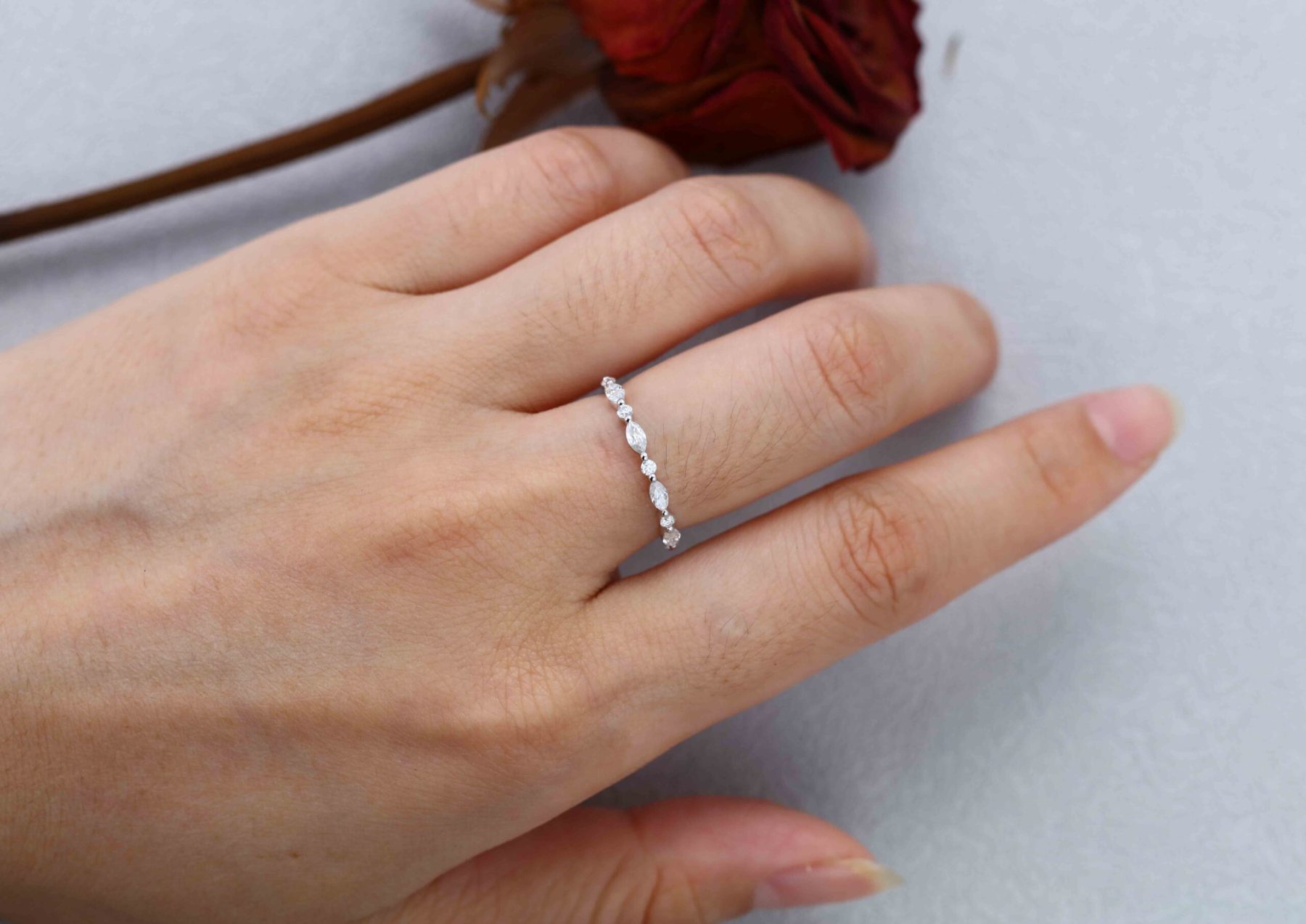 Unique Marquise Moissanite wedding band Vintage White gold wedding band half eternity wedding ring Bridal Stacking Matching ring promise