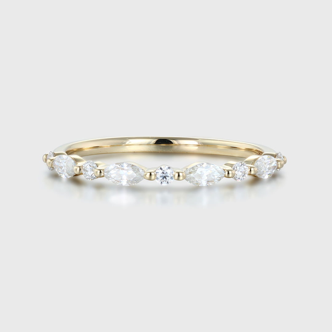 Unique Marquise Moissanite wedding band Vintage Yellow gold wedding band half eternity wedding ring Bridal Stacking Matching ring promise (5)