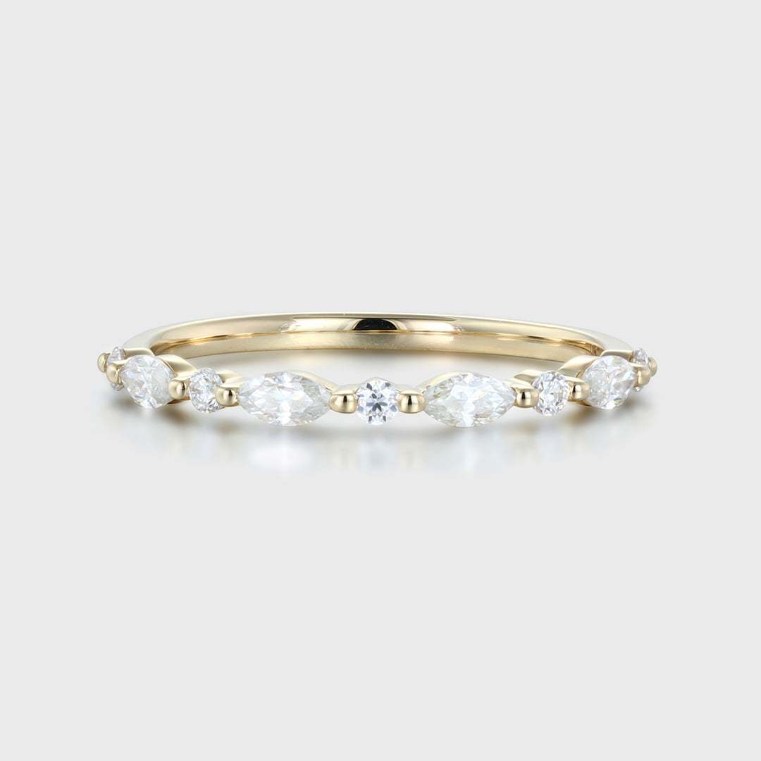 Unique Marquise Moissanite wedding band Vintage Yellow gold wedding band half eternity wedding ring Bridal Stacking Matching ring promise (5)